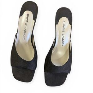 Chinese Laundry Black Mule Heels Size 9 Square Toe Slide Sandals